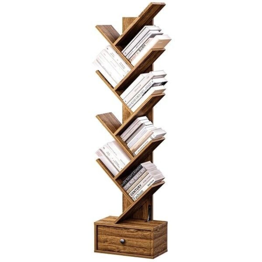 Tree Bookshelf with Drawer 8-Tier Vertical Bookshelf Modern Bookcase